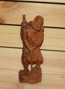 Vintage Asiatische Handschnitzerei Holz Statuette Alter Mann mit Stock - Bild 1 von 9