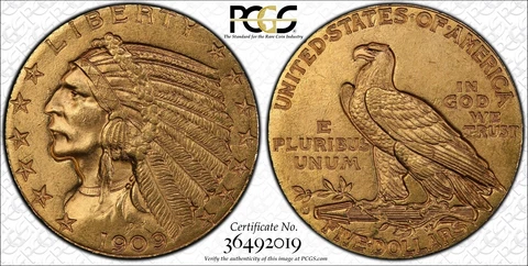 1909 D $5 Five Dollar Indian Head Gold Half Eagle PCGS MS 63 Cover