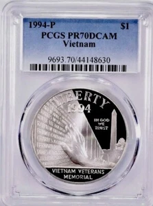 1994 VIETNAM MEMORIAL Silver Dollar PCGS PR70💥FLAWLESS QUALITY💥 - Picture 1 of 4
