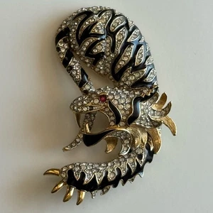 Attwood & Sawyer 22ct Gold Plated Crystal Enamel Crouching Tiger Pin Brooch VTG - Picture 1 of 7