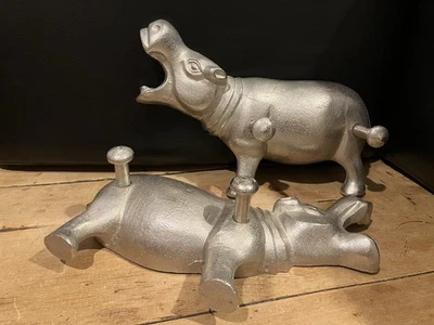 Hippopotamus Hippo Pair of Coat Hooks Cast Aluminium Wall Mounted - Image 1 of 4