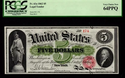 $5 1862 Legal Tender Fr. 61a Series 45 LOW SERIAL #174 PCGS Vy Ch New 64PPQ - Image 1 of 2