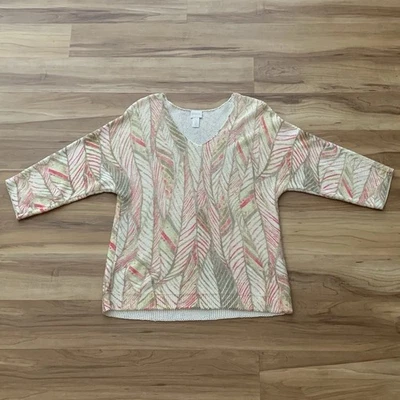 Chicos 3/4 Sleeve Multicolor V Neck Tropical Sweater 1 Size US 8 Knit Pullover - Image 1 of 4
