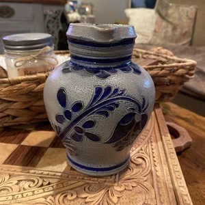 German Salt Glazed Cobalt Art Pottery Pitcher 6” Tall Etched Flowers Antique - Picture 1 of 16