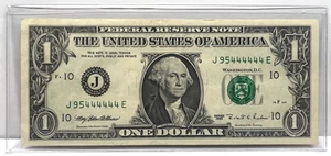 6 in a Row 4s Fancy Serial Number  $1 Dollar Currency 1995 $1 FRN  J 95444444 E - Picture 1 of 2