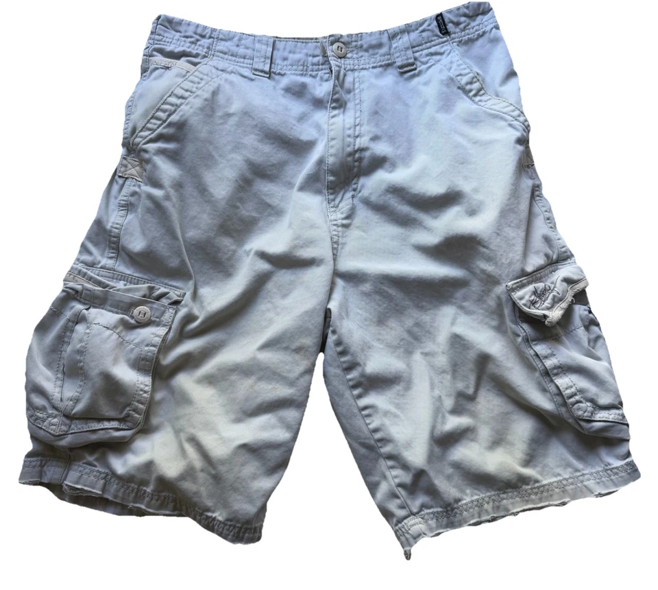 VTG Y2K Billabong Cargo Shorts Sz 32 Khaki Patchwork Distressed 11" Skater Style - Image 1 of 4