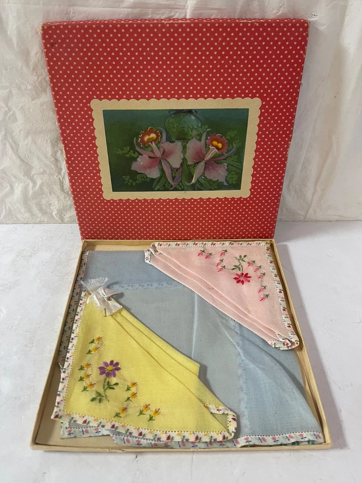 Set of 3 Hankies: Yellow Pink Blue Embroidered in Box - Image 1 of 4