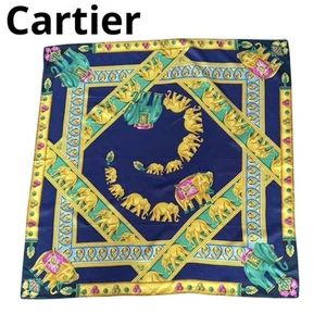 Cartier Women's Silk Scarf Navy Green Gold Elephant Gemstone 34 x 34 in - Picture 1 of 8