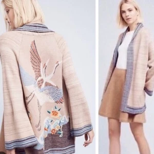 Anthropologie HWR Crane Embroidered Open Sweater Size Small - Picture 1 of 9