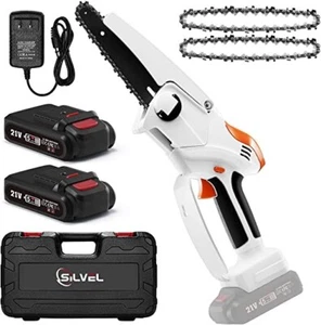 Mini Chainsaw, SILVEL 6 Inch Cordless Mini Chainsaw with 2Pcs Chains and 2Pcs Ba - Picture 1 of 5