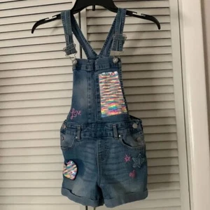 JORDACHE Girl's Size Large 10-12 SEQUIN Blue Denim Romper Overall SHORT TAILS  - Picture 1 of 5