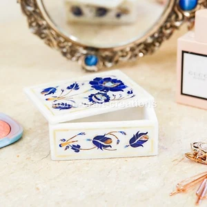 Custom White Marble Jewelry Box – Lapis Inlaid Marquetry, Perfect Christmas Gift - Picture 1 of 3