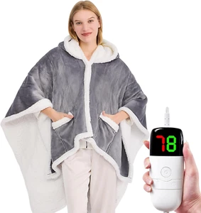 Wearable Heated Throw Blanket Electric Shawl - Heated Robe Poncho Blanket Hoodie - Picture 1 of 7