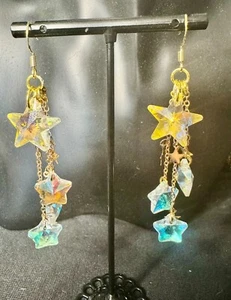 Clear Aurora Borealis Crystal Star Dangal Earrings, 18k Gold Plated , Galaxy Cel - Picture 1 of 9