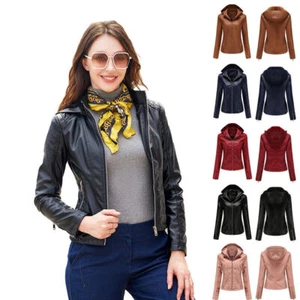 White Women Faux Leather Biker Jacket Ladies Stand Collar Zip Coat Outwear - Picture 1 of 32