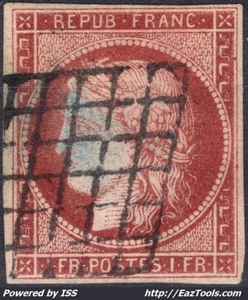 FRANCE CERES 1Fr CARMIN BRUN N° 6B AVEC OBLITERATION GRILLE SIGNÉ CALVES - Picture 1 of 2