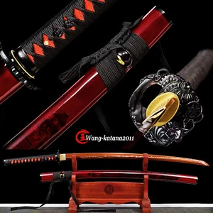 Espada hecha a mano samurai japonesa de acero al carbono Katana 1095 funcional roja y negra - Imagen 1 de 10