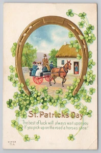 Postcard Embossed St. Patrick's Day with Scene Inside a Horseshoe and Clover - Picture 1 of 2