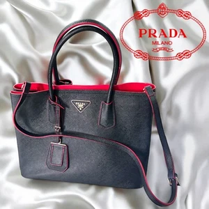 Prada Double Cuir Saffiano Leather Medium Red Black Tote Shoulder Bag - Picture 1 of 14