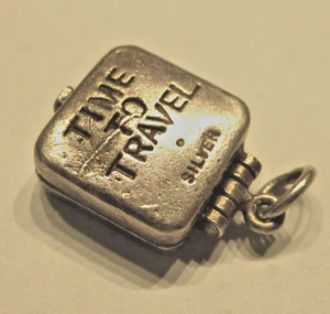SILVER VINTAGE BRACELET CHARM "TIME TO TRAVEL" FOLDING TRAVEL CLOCK - RARE ! - Picture 1 of 4