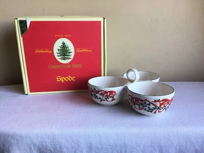 Spode Christmas Tree England Bone China Red Ribbons 3 Part Condiment Bowl - Image 1 of 4