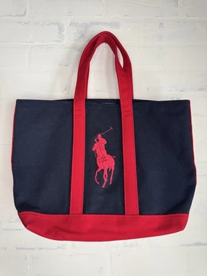 RALPH LAUREN 签名 POLO 标志海军蓝红色帆布托特包 — 第 1/4 张图片
