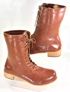 Quintessentially Stylish Tan brown Wooden Heel Lace up Boots Size 44 - Picture 1 of 14