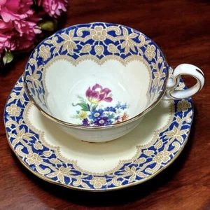 Aynsley Teacup & Saucer French Blue Lace Gold Rim Floral Bouquet Rare HTF - Picture 1 of 10