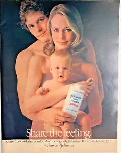 1971 Johnsons Baby Powder Print Ad 13"x10" Young Family Infant Nude Wall Art - Picture 1 of 3
