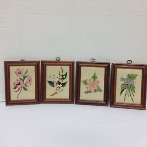 Set of 4 Vintage Floral Needlepoint Flowers 8x6 Wood Framed Wall Art