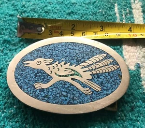 Vintage Belt Buckle Mexico Turquoise Roadrunner Design - Picture 1 of 2