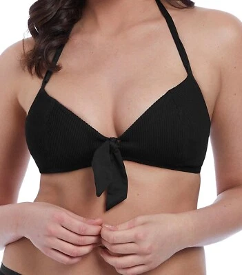 Freya Nouveau Bikini Top Size 32F Black Soft Padded Triangle Halter Neck 6701 - Image 1 of 4