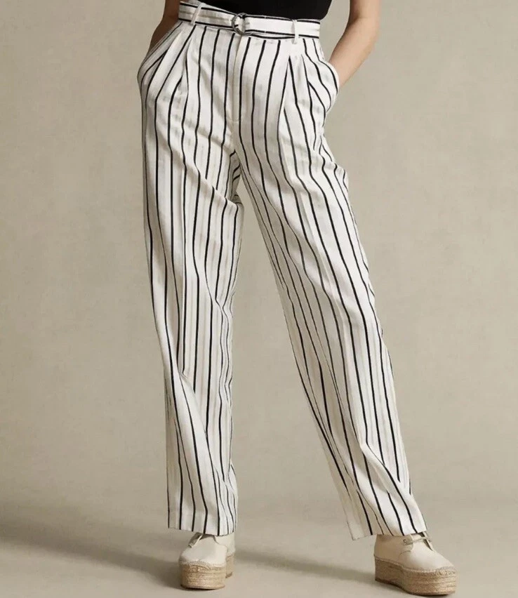 Nuevo con etiquetas Polo Ralph Lauren Mujer Cinturón Satén Pantalón Talla 4 Pantalones Crema/Multi Rayas Foto 1 de 4