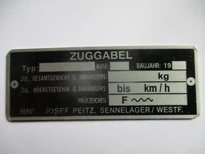 Josef Peitz Typenschild Schild Bremse Anhänger Zuggabel  blanko s87 - Picture 1 of 1