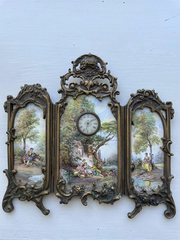 Antique Austrian Hand Painted Enamel Bronze Desk Clock Tri Fold Tryptych Screen Cover