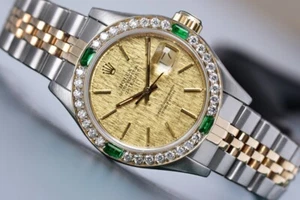 Ladies Rolex Datejust 26 mm Champagne Index Dial with Diamond & Emerald Bezel - Picture 1 of 9