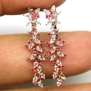 925 Sterling Silver Pink Ceylon Sapphire & Red Ruby Two Tone Earrings - Picture 1 of 4