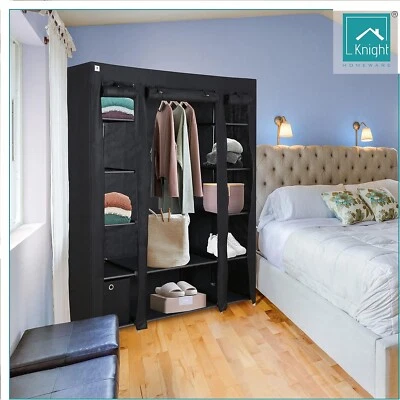 Knight Canvas Portable Triple Free Standing Wardrobe Shelving Grey / Black