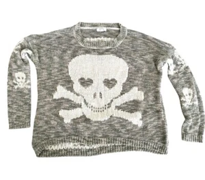 Y2K Goth Grunge Heart Eye Skull Sage Green Marl Knit Sweater Thrashed Sweater M - Picture 1 of 10