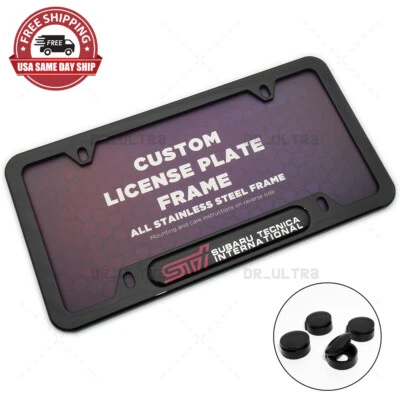 Gloss Black Front or Rear Subaru STI Logo Emblem License Plate Frame Cover Gift - Image 1 of 4