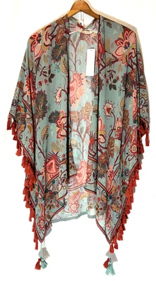 Nuevo con etiquetas Suave Surroundings Esme Topper Kimono Boho Azul Floral Flecos Talla Única Foto 1 de 4