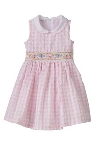 Bonnie Jean Smocked Dress Pink Seersucker Gingham Flower 5 Peter Pan Collar Read - Picture 1 of 8