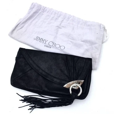 Jimmy Choo Bolso de Mano Borla Cuero Negro Plata Anillo Acento Japón Vendedor... - Imagen 1 de 4