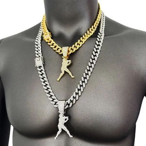 Men's Baseball Hitter Pendant & 18" ~ 30" Iced CZ Cuban Chain Hip Hop Necklace - Picture 1 of 12