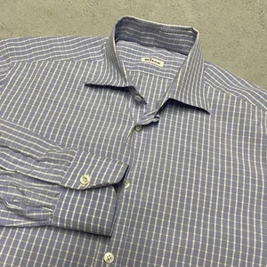 Kiton Shirt Mens 16.5 Blue Windowpane Plaid Cotton Luxury Read - Picture 1 of 14