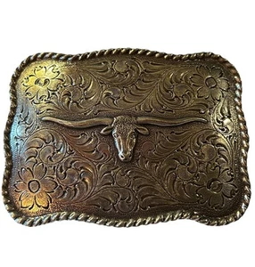 Vintage 1995 Nocona Western Longhorn Scalloped Edge Belt Buckle #37228 Cowboy - Picture 1 of 7