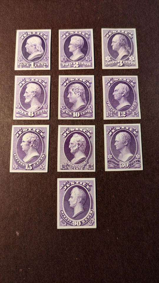 U.S. Official Stamps #025-34p(4) Justice card proofs complete VFLH - Image 1 of 1