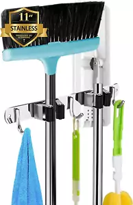 2 Racks 3 Hooks Broom Mop Holder Wall Mount Heavy Duty Stainless Steel - Picture 1 of 12