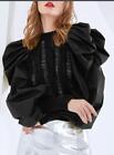 Womens Fashion Round Neck Puff Sleeve Ripped Knitted Pullover Sweater Jumper 490