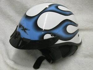 NEW AFX MOTORCYCLE SHORTY HALF HELMET WHITE w/ BLUE FLAMES size S